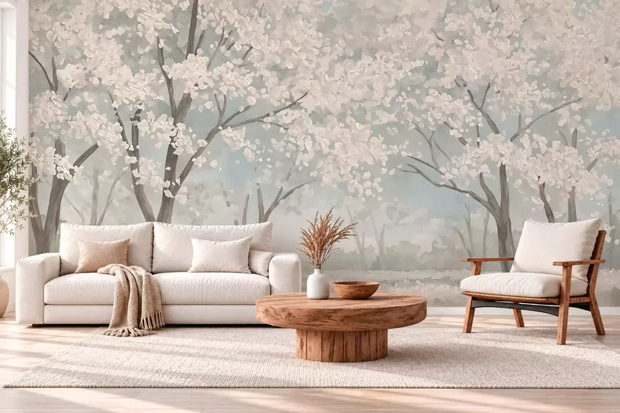murais de parede Árvores em flor, de cores claras, em um prado com tons pastéis w05897