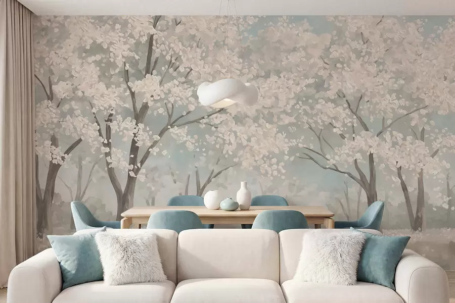 murais de parede Árvores em flor, de cores claras, em um prado com tons pastéis w05897