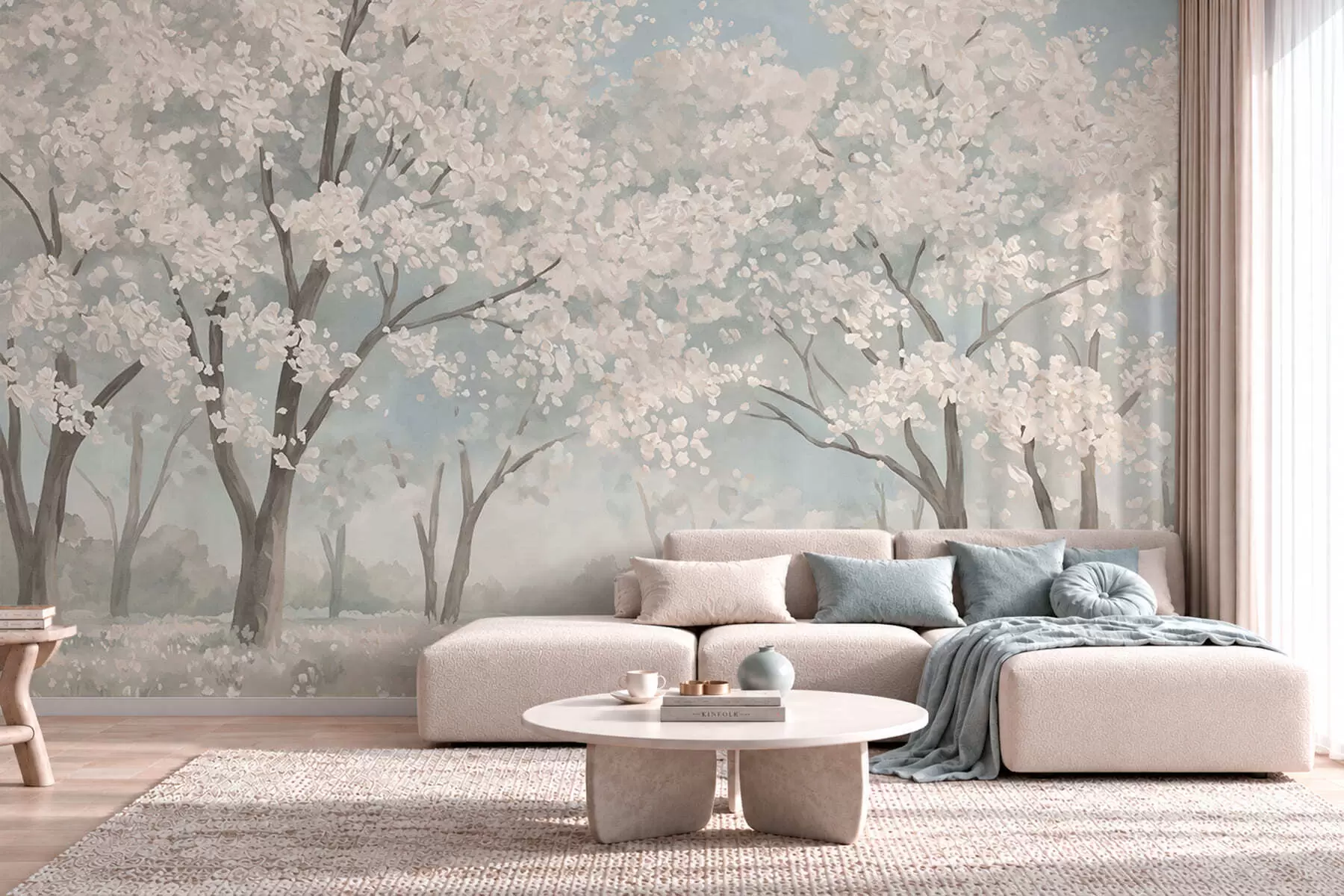 murais de parede Árvores em flor, de cores claras, em um prado com tons pastéis w05897