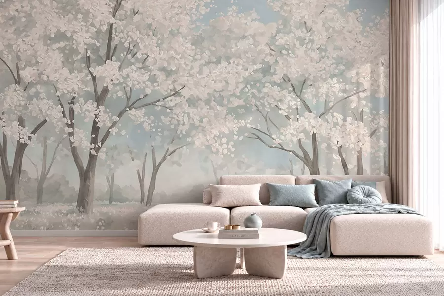 murais de parede Árvores em flor, de cores claras, em um prado com tons pastéis w05897