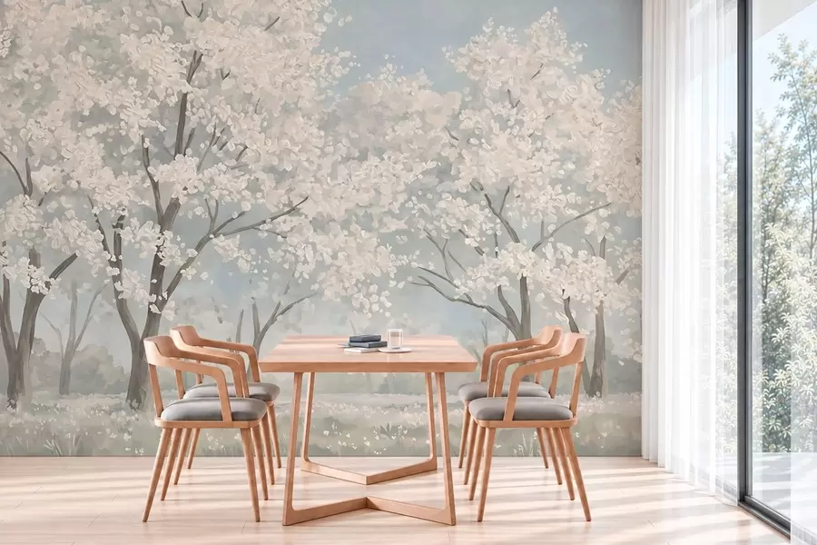 murais de parede Árvores em flor, de cores claras, em um prado com tons pastéis w05897