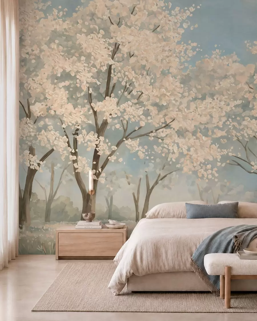 murais de parede Árvores pálidas em flor sob um céu azul suave w05897v1