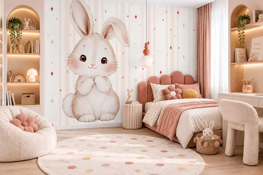 murais de parede Coelhinho fofo contra um fundo de listras rosa e estrelas coloridas w05920