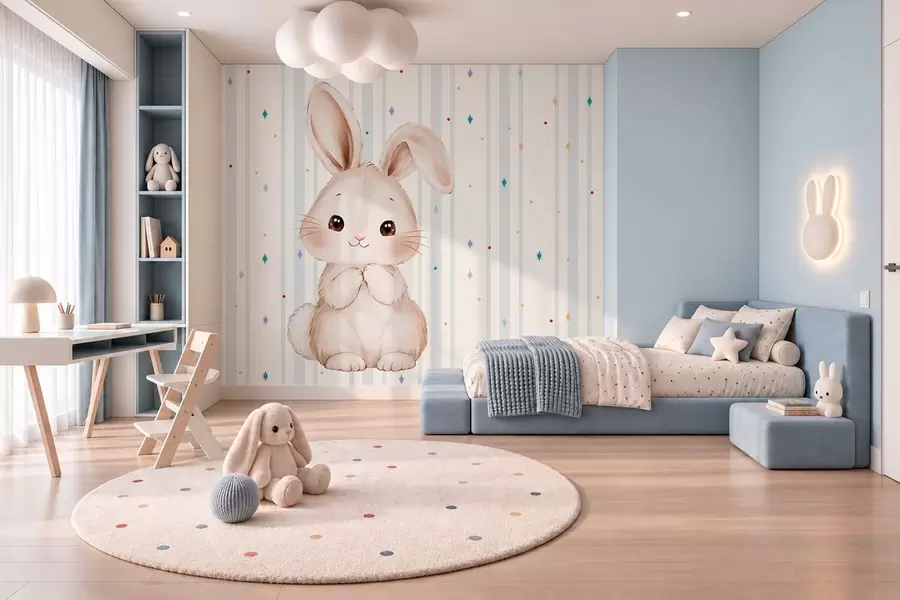 murais de parede Coelhinho fofo contra um fundo de listras azuis e estrelas coloridas w05920v3