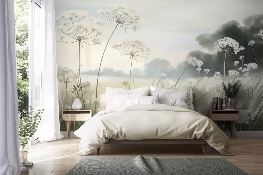 murais de parede Paisagem com flores silvestres e gramíneas altas em um campo, cores suaves, texturizada w10032