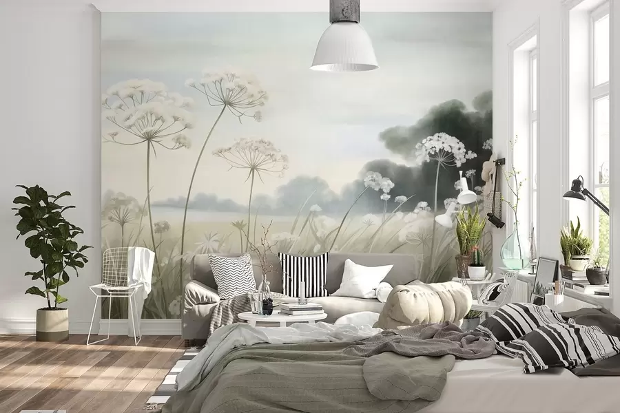 murais de parede Paisagem com flores silvestres e gramíneas altas em um campo, cores suaves, texturizada w10032