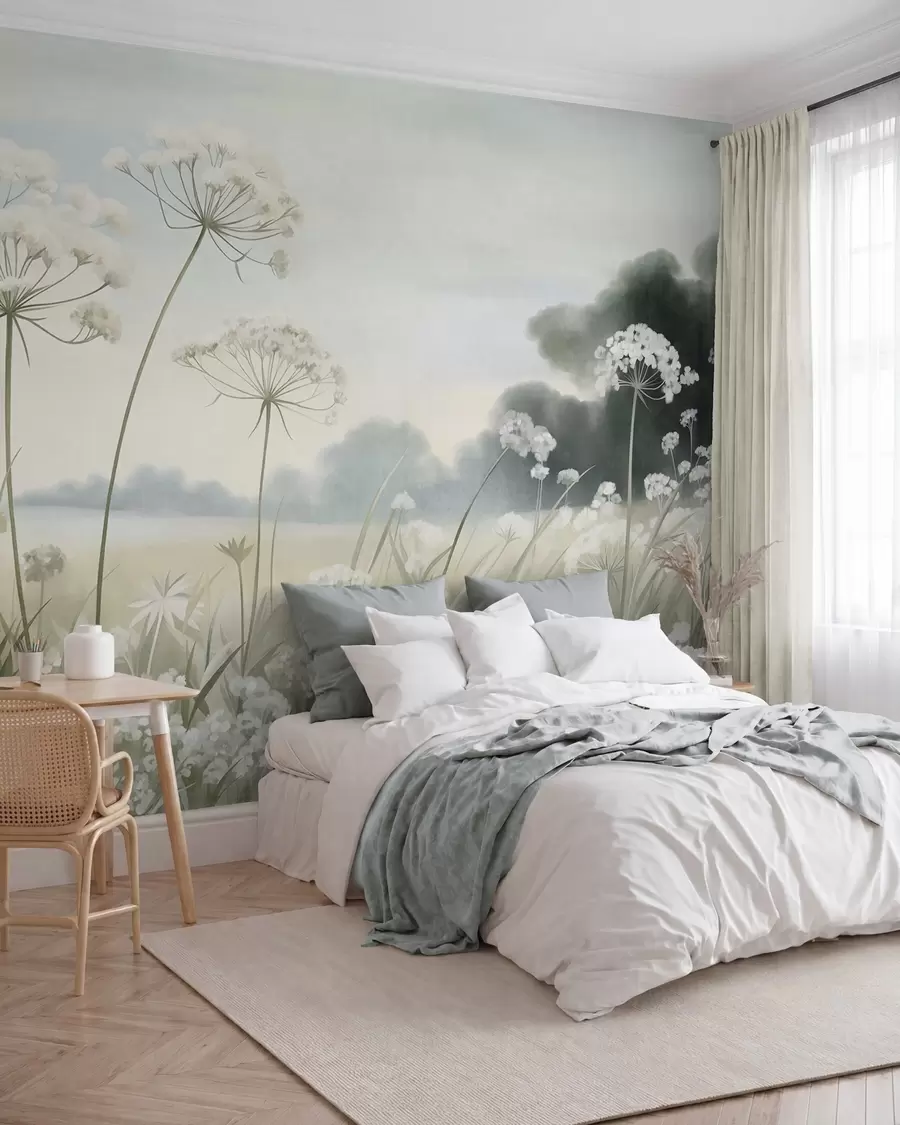 murais de parede Paisagem com flores silvestres e gramíneas altas em um campo, cores suaves, texturizada w10032
