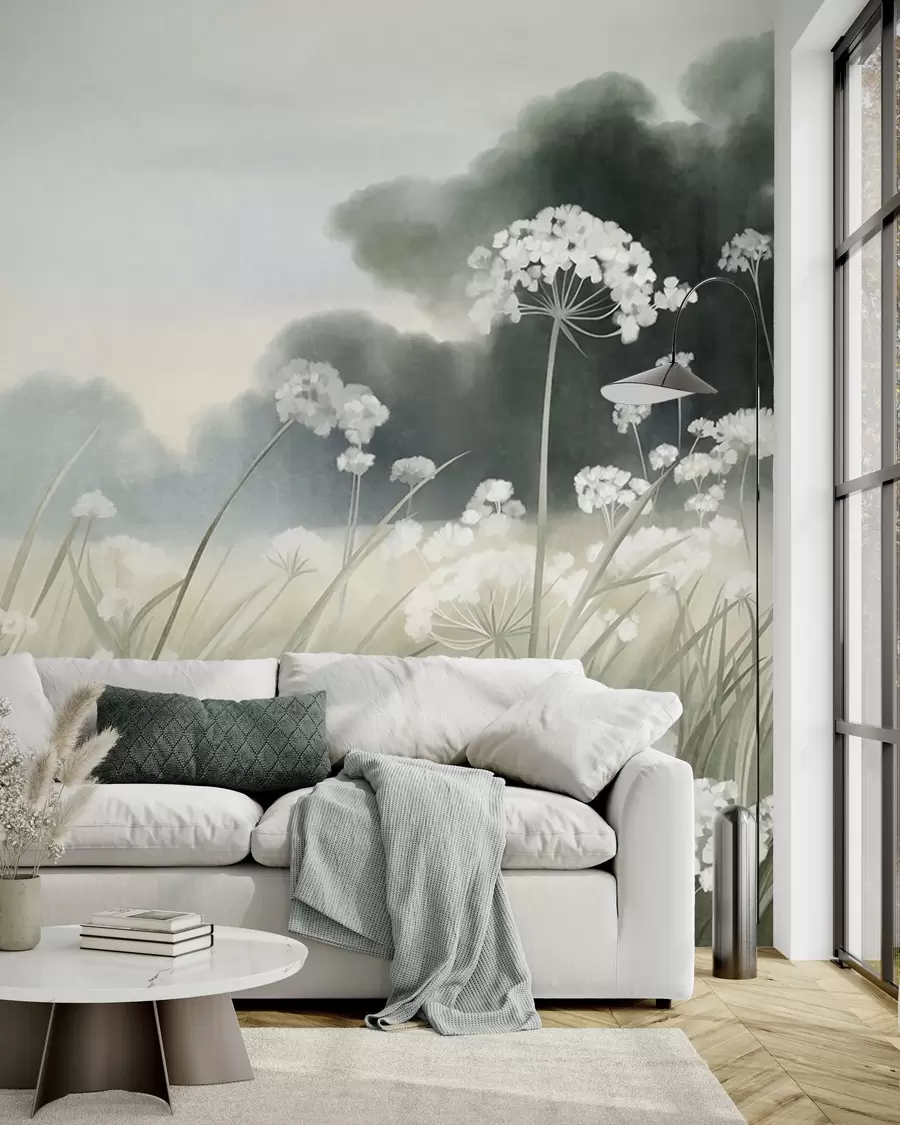 murais de parede Paisagem com flores silvestres e gramíneas altas em um campo, cores suaves, texturizada w10032
