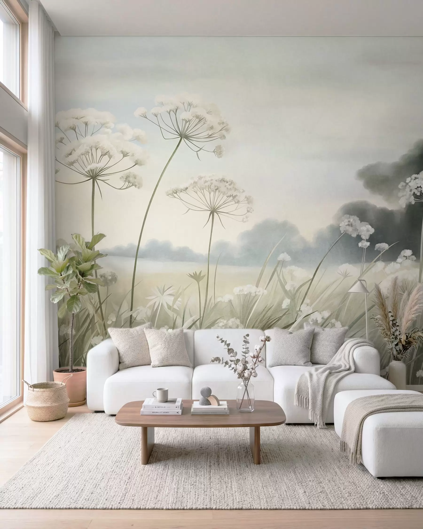 murais de parede Paisagem com flores silvestres e gramíneas altas em um campo, cores suaves, texturizada w10032