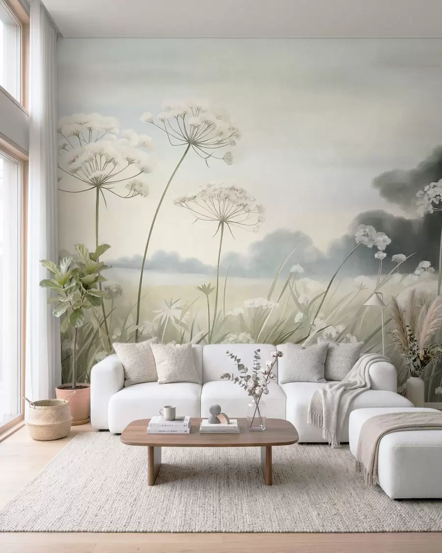 murais de parede Paisagem com flores silvestres e gramíneas altas em um campo, cores suaves, texturizada w10032