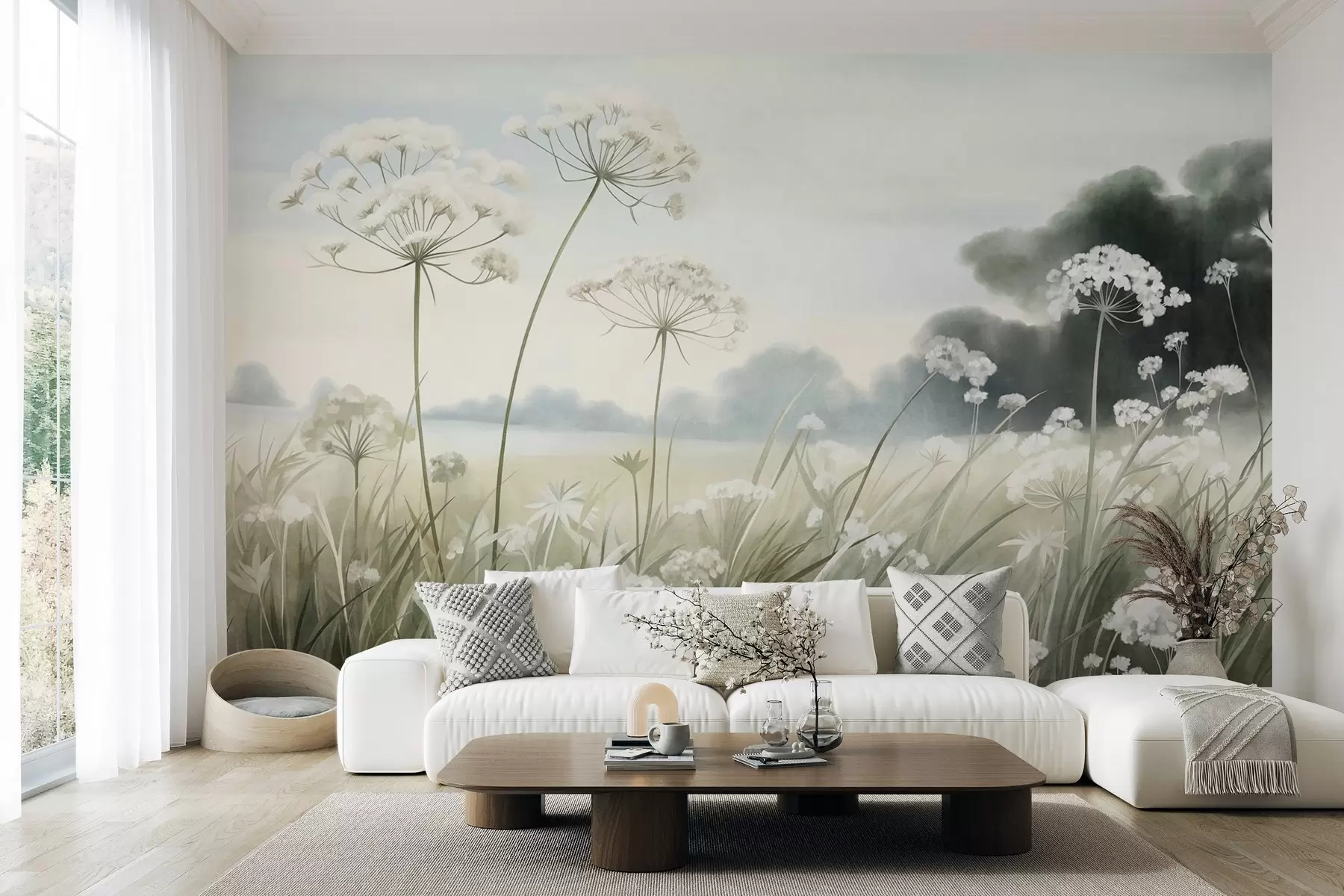 murais de parede Paisagem com flores silvestres e gramíneas altas em um campo, cores suaves, texturizada w10032