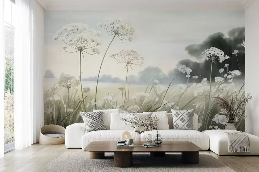 murais de parede Paisagem com flores silvestres e gramíneas altas em um campo, cores suaves, texturizada w10032