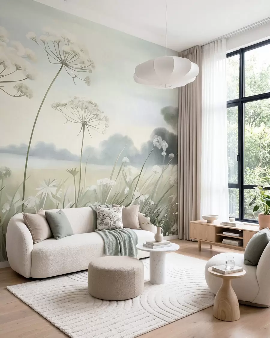 murais de parede Paisagem com flores silvestres e gramíneas altas em um campo, cores suaves, texturizada w10032