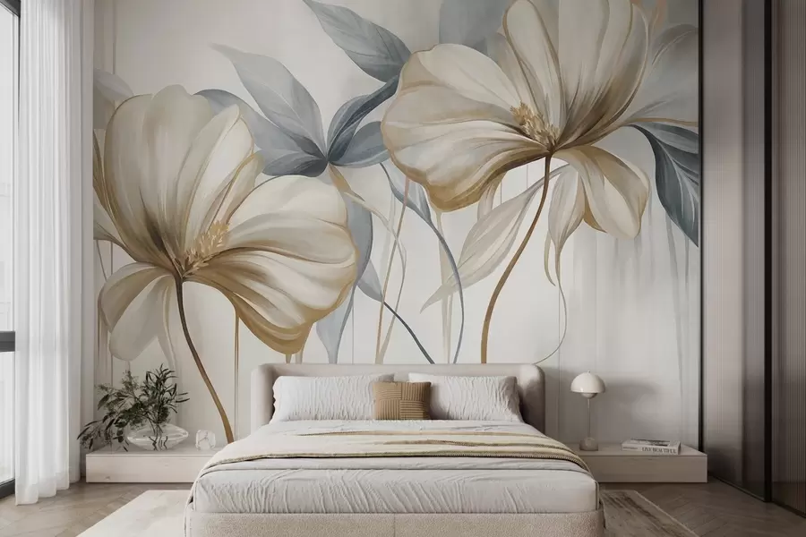 murais de parede Flores abstratas e delicadas, com caules finos e marrons e folhas em tons suaves de azul, com textura w10058