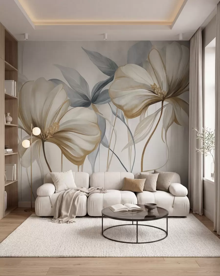 murais de parede Flores abstratas e delicadas, com caules finos e marrons e folhas em tons suaves de azul, com textura w10058