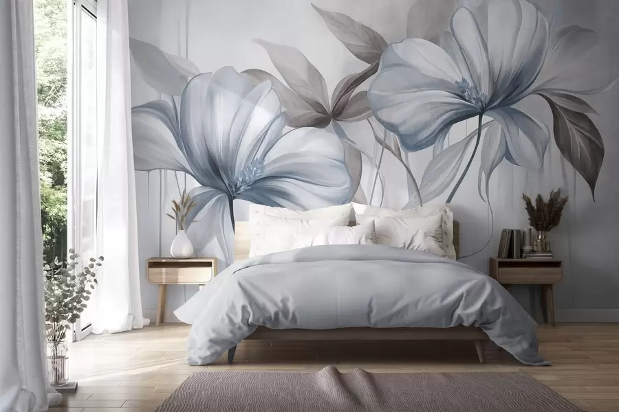 murais de parede Flores abstratas e delicadas, com hastes finas e azuis e folhas em tons suaves, com textura w10058v1