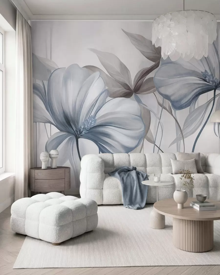 murais de parede Flores abstratas e delicadas, com hastes finas e azuis e folhas em tons suaves, com textura w10058v1