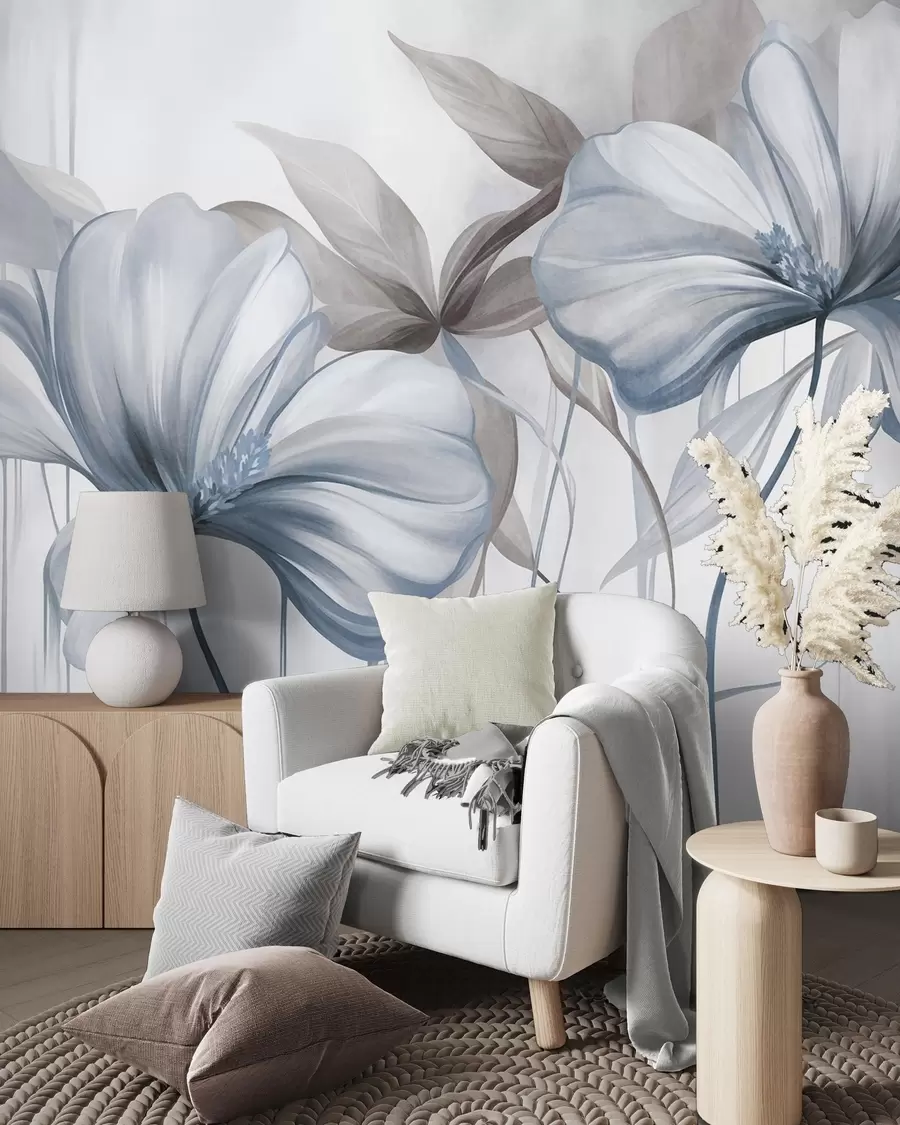 murais de parede Flores abstratas e delicadas, com hastes finas e azuis e folhas em tons suaves, com textura w10058v1