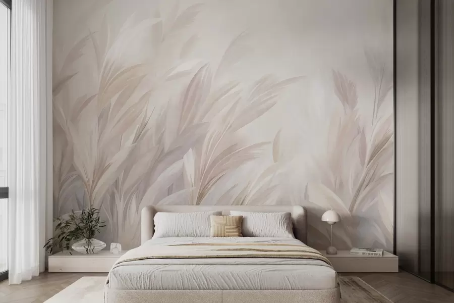 murais de parede Grama alta e esvoaçante em tons suaves de pastel, com um fundo de textura clara w10060