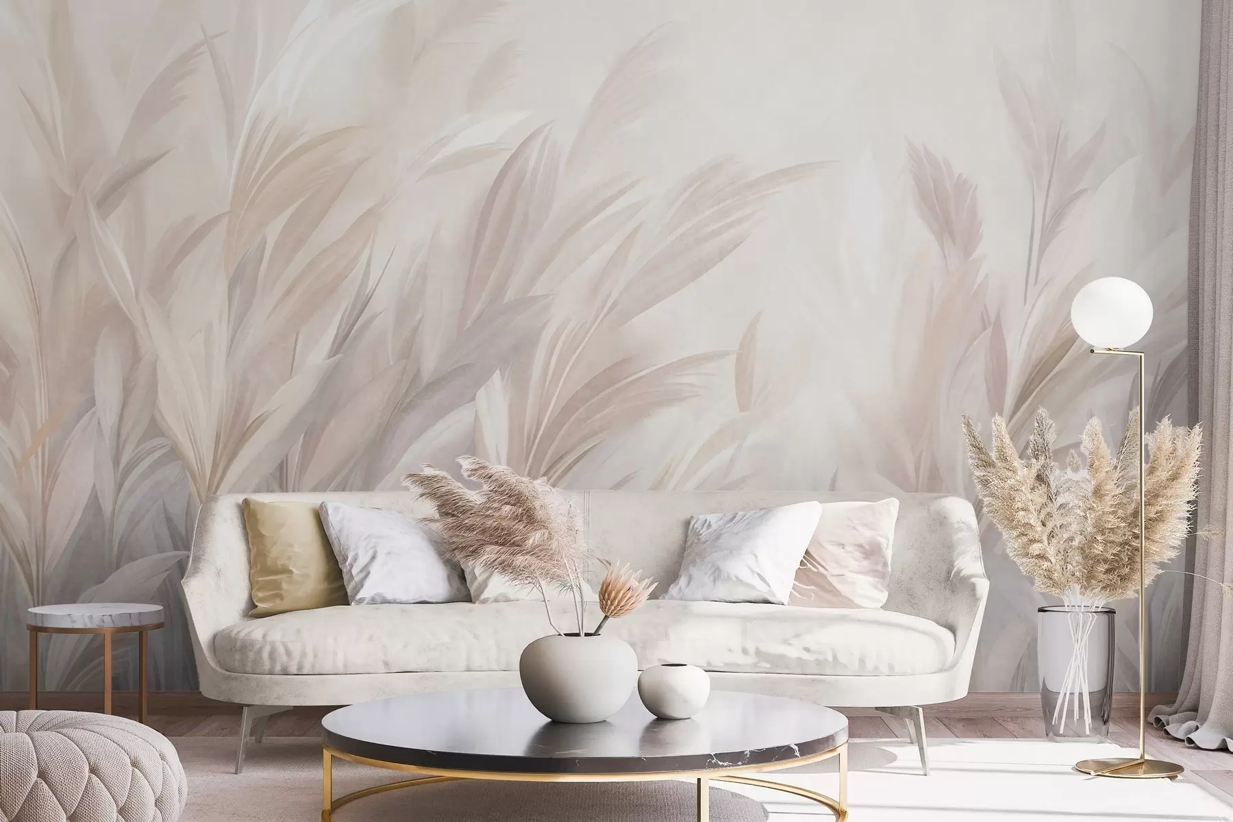 murais de parede Grama alta e esvoaçante em tons suaves de pastel, com um fundo de textura clara w10060