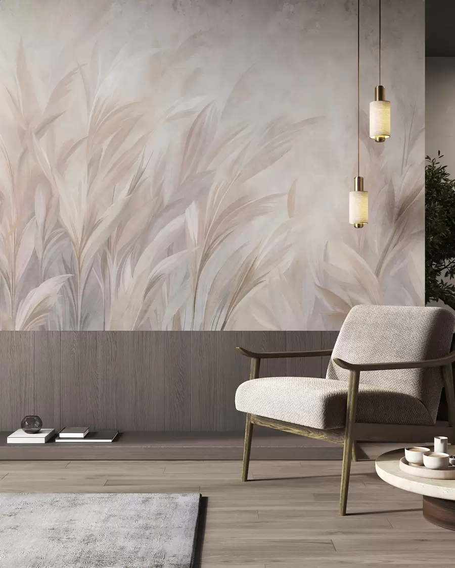 murais de parede Grama alta e esvoaçante em tons suaves de pastel, com um fundo de textura clara w10060
