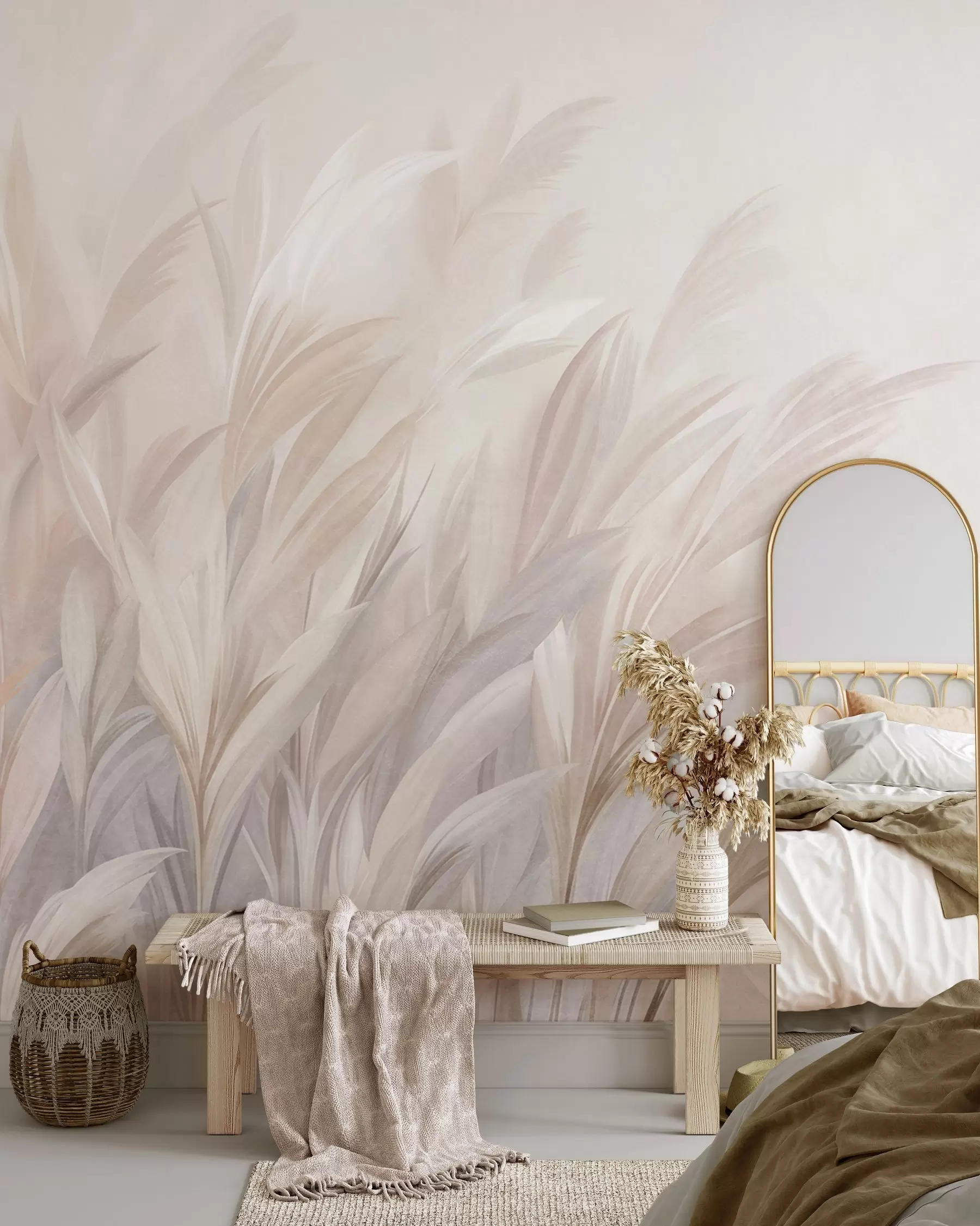 murais de parede Grama alta e esvoaçante em tons suaves de pastel, com um fundo de textura clara w10060