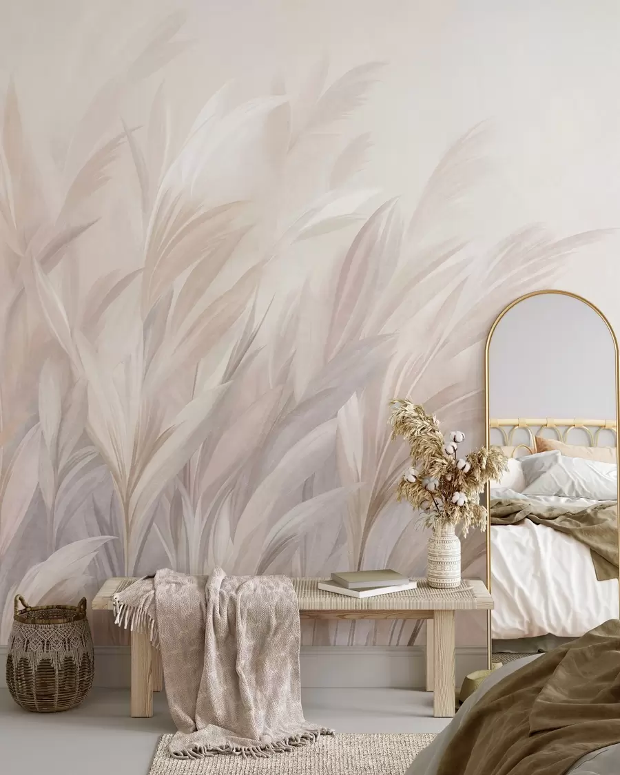 murais de parede Grama alta e esvoaçante em tons suaves de pastel, com um fundo de textura clara w10060