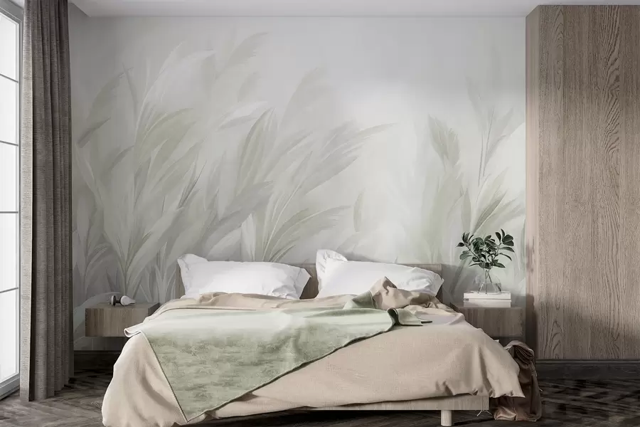 murais de parede Grama alta e esvoaçante em tons suaves de verde pastel, com um fundo de textura leve w10060v1