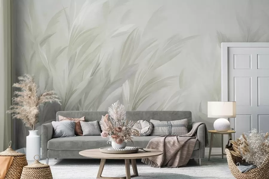 murais de parede Grama alta e esvoaçante em tons suaves de verde pastel, com um fundo de textura leve w10060v1