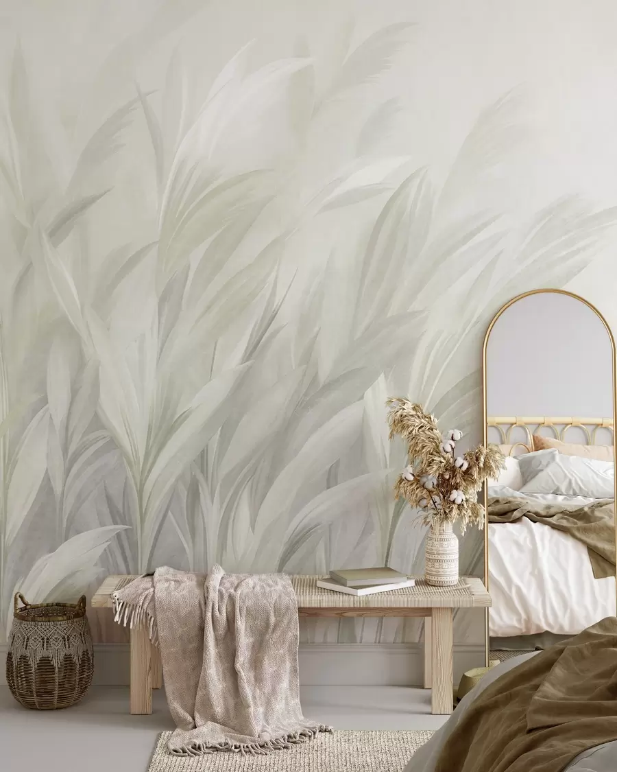 murais de parede Grama alta e esvoaçante em tons suaves de verde pastel, com um fundo de textura leve w10060v1