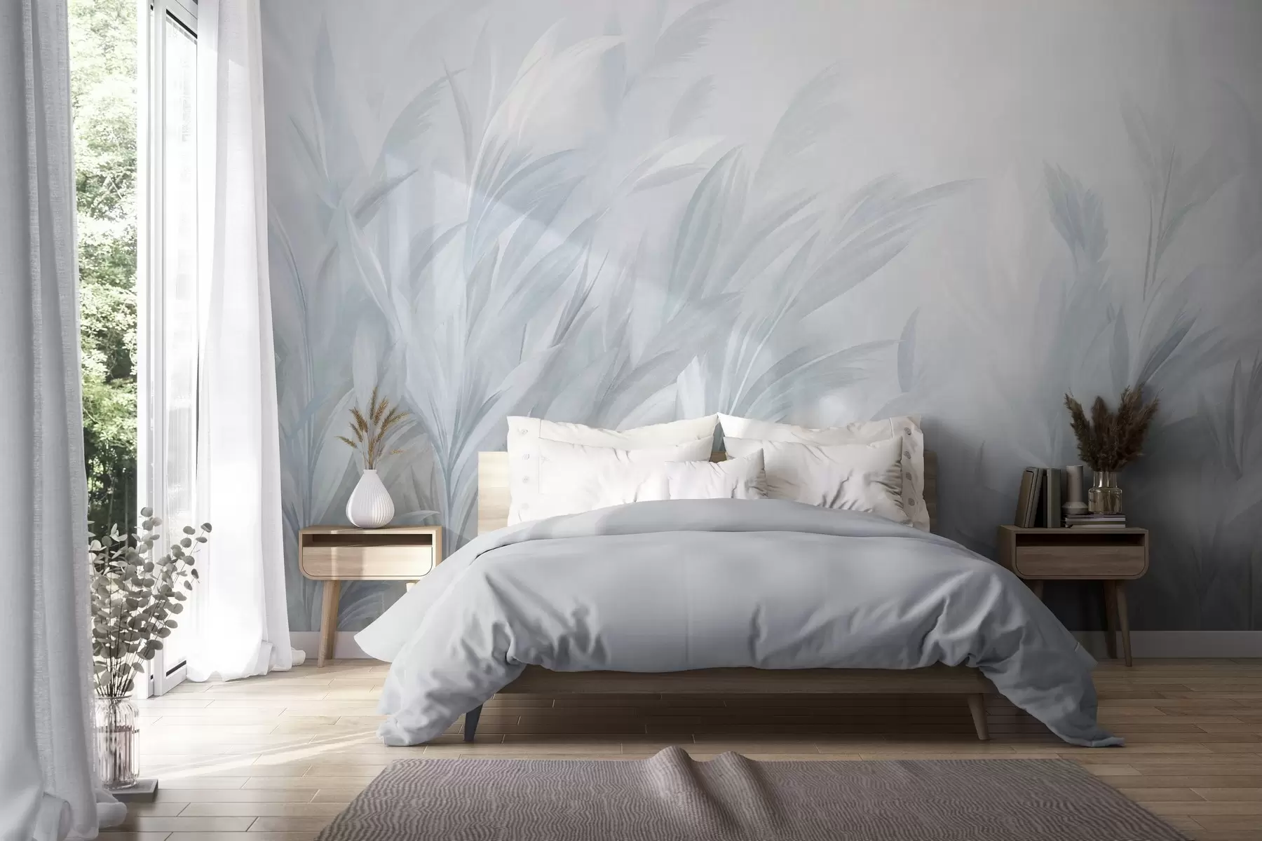 murais de parede Grama alta e esvoaçante em suaves tons de azul pastel, com um fundo de textura leve w10060v2