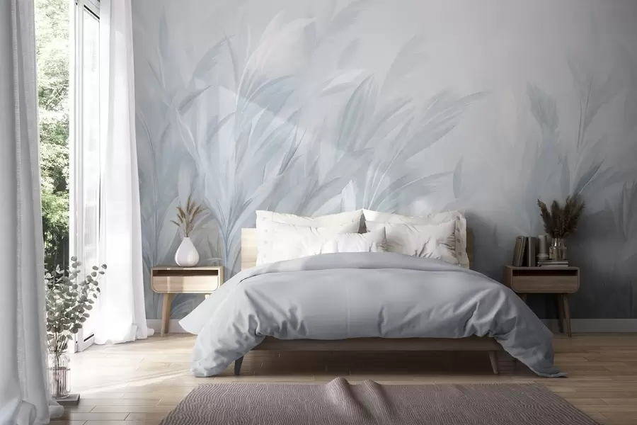 murais de parede Grama alta e esvoaçante em suaves tons de azul pastel, com um fundo de textura leve w10060v2