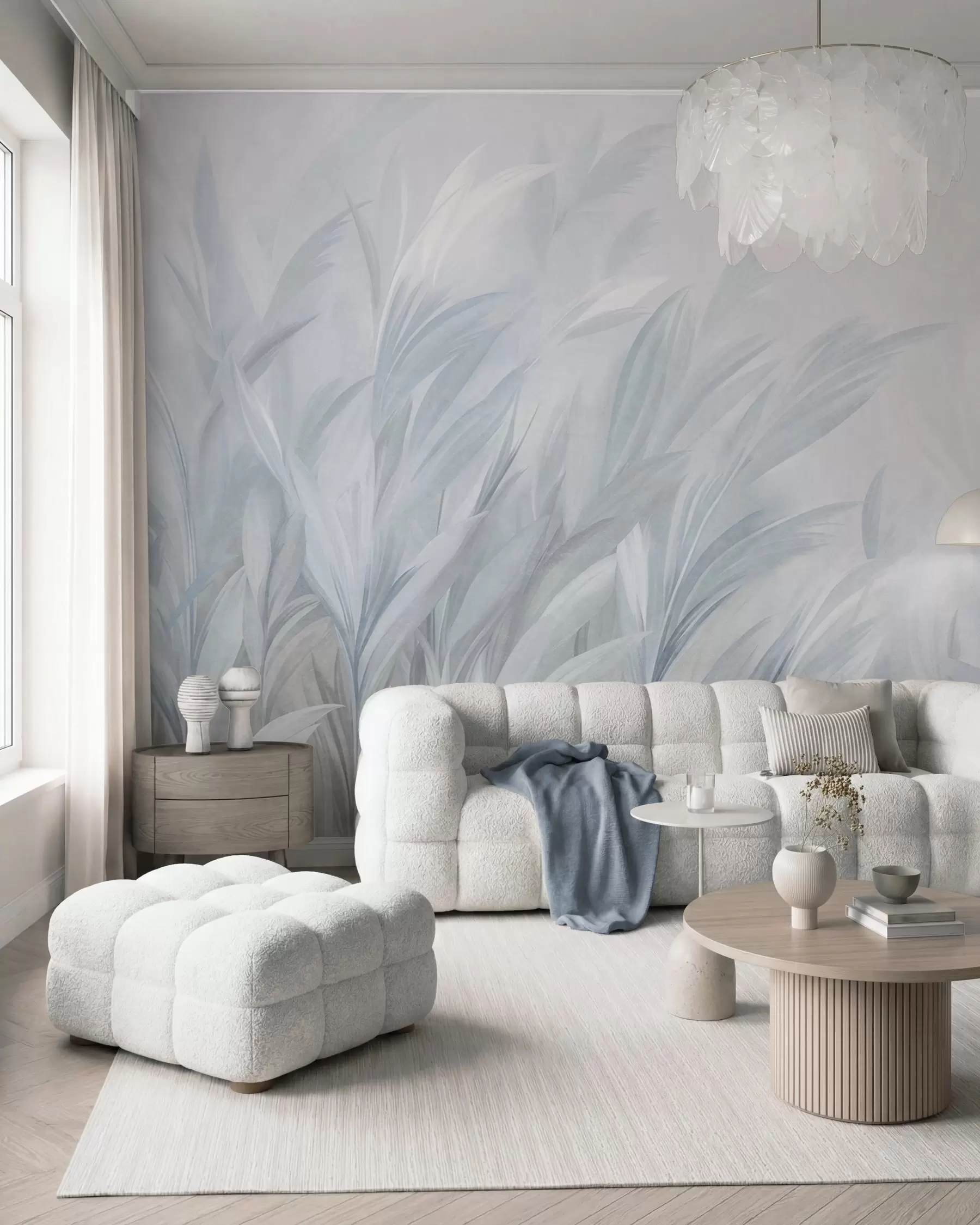 murais de parede Grama alta e esvoaçante em suaves tons de azul pastel, com um fundo de textura leve w10060v2