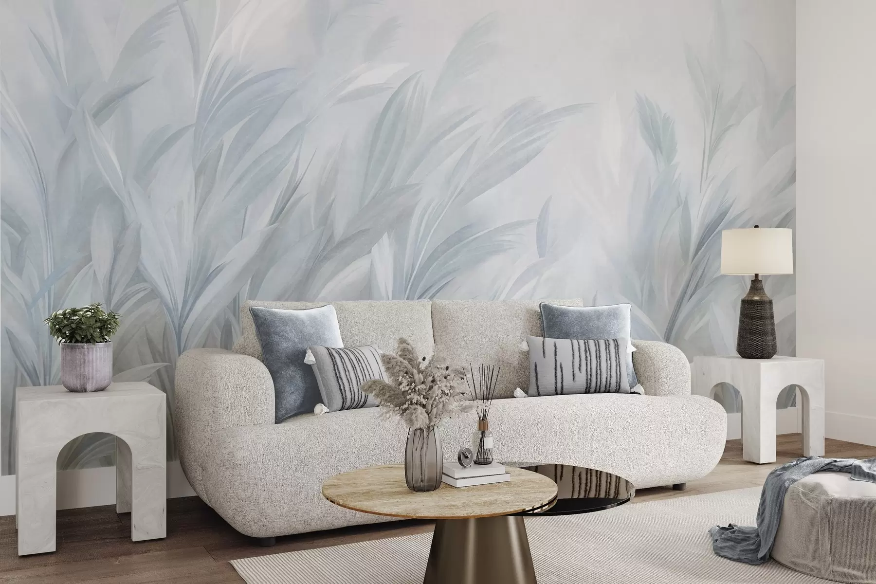 murais de parede Grama alta e esvoaçante em suaves tons de azul pastel, com um fundo de textura leve w10060v2