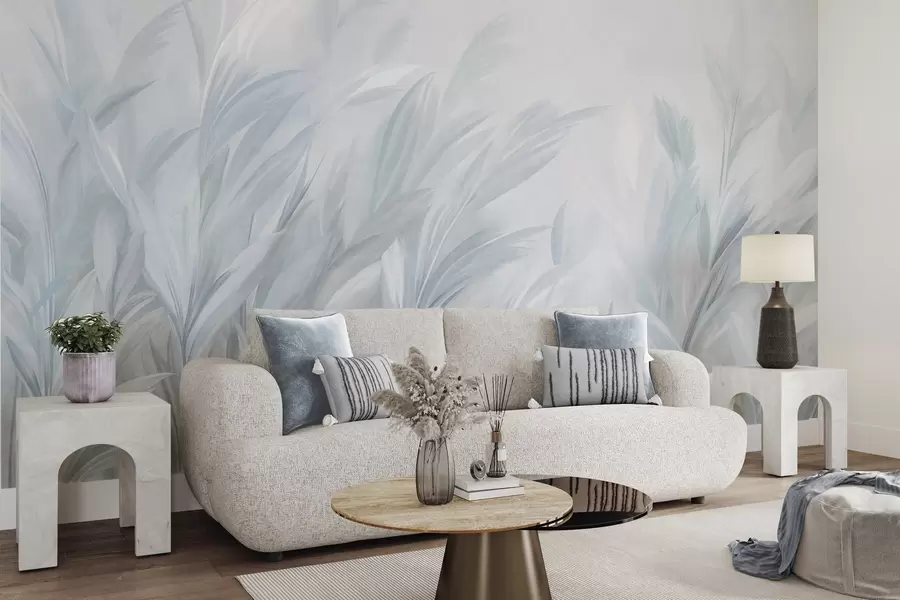 murais de parede Grama alta e esvoaçante em suaves tons de azul pastel, com um fundo de textura leve w10060v2