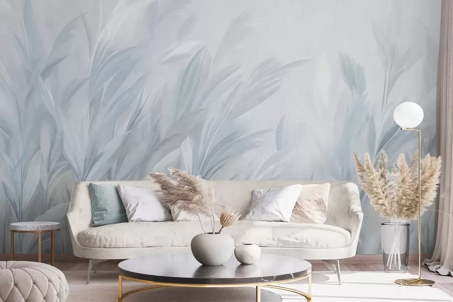 murais de parede Grama alta e esvoaçante em suaves tons de azul pastel, com um fundo de textura leve w10060v2