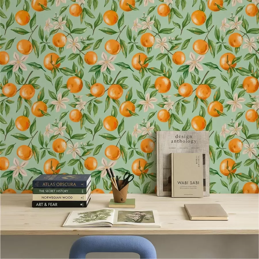 murais de parede Laranjas, folhas verdes e flores brancas sobre um fundo na cor menta a01262