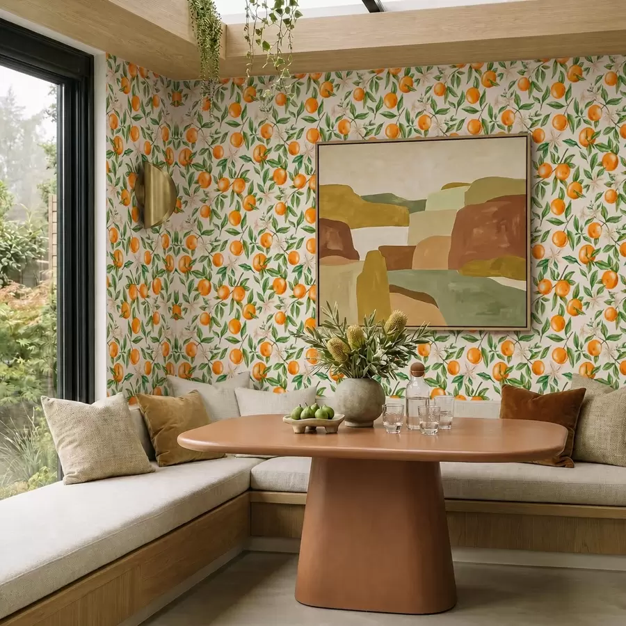 murais de parede Laranjas, folhas verdes e flores brancas sobre um fundo claro a01262v1