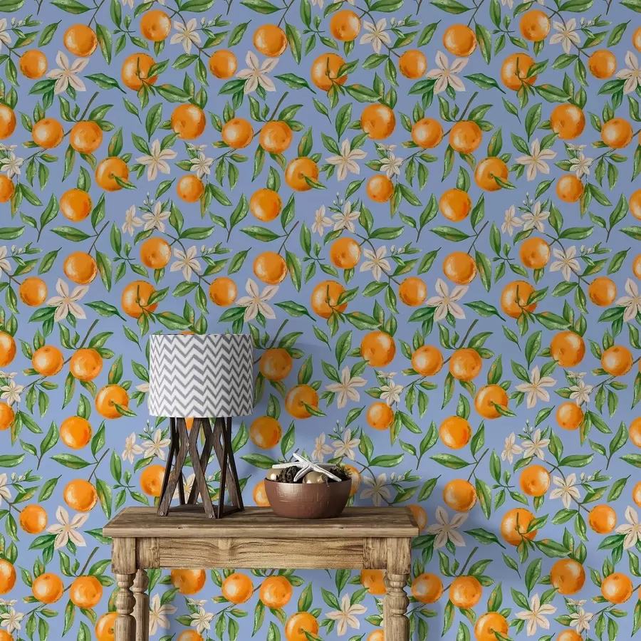 murais de parede Laranjas, folhas verdes e flores brancas sobre fundo azul a01262v2