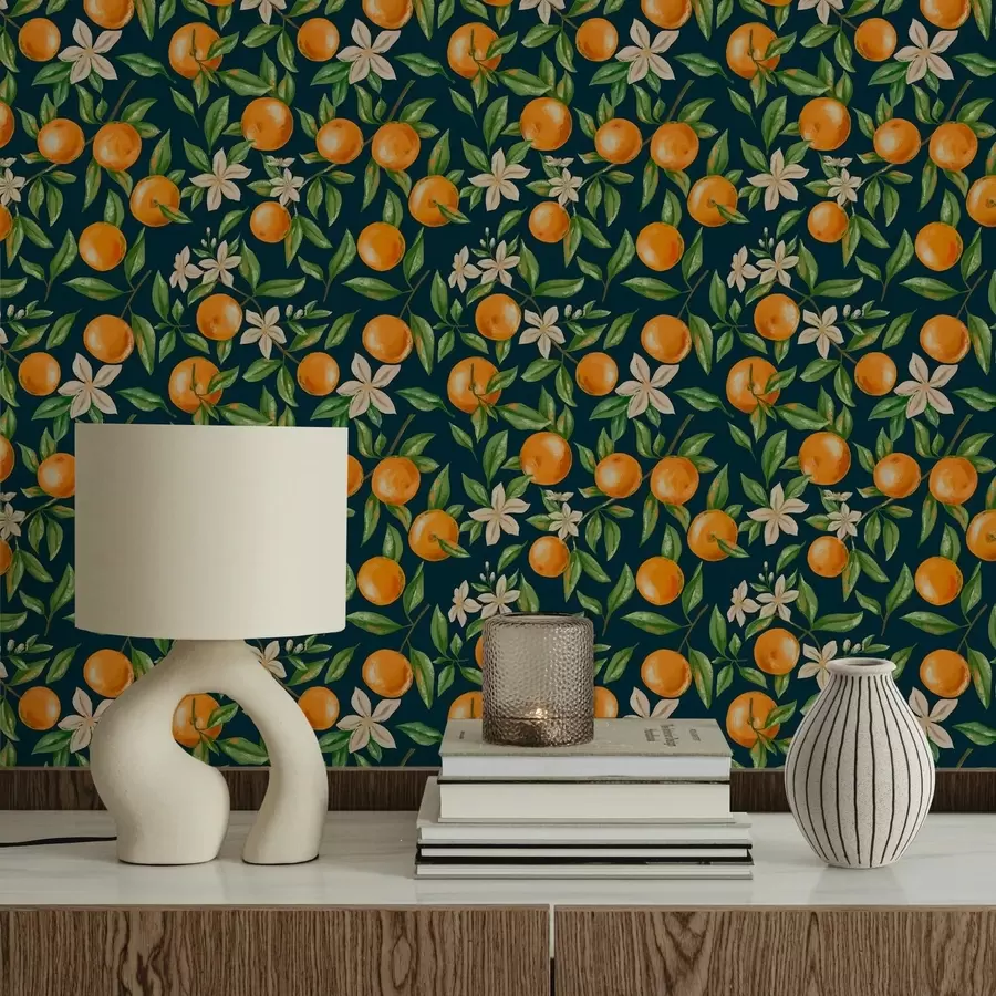 murais de parede Laranjas, folhas verdes e flores brancas sobre fundo escuro a01262v3
