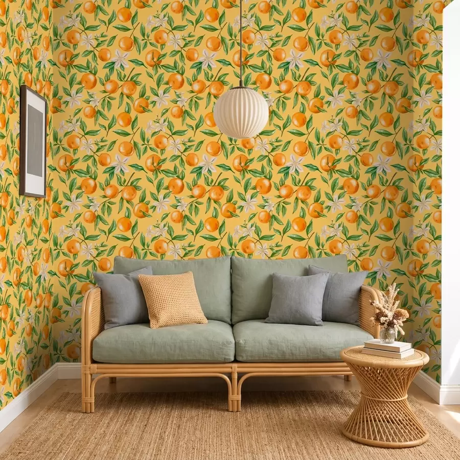 murais de parede Laranjas, folhas verdes e flores brancas sobre fundo amarelo a01262v4