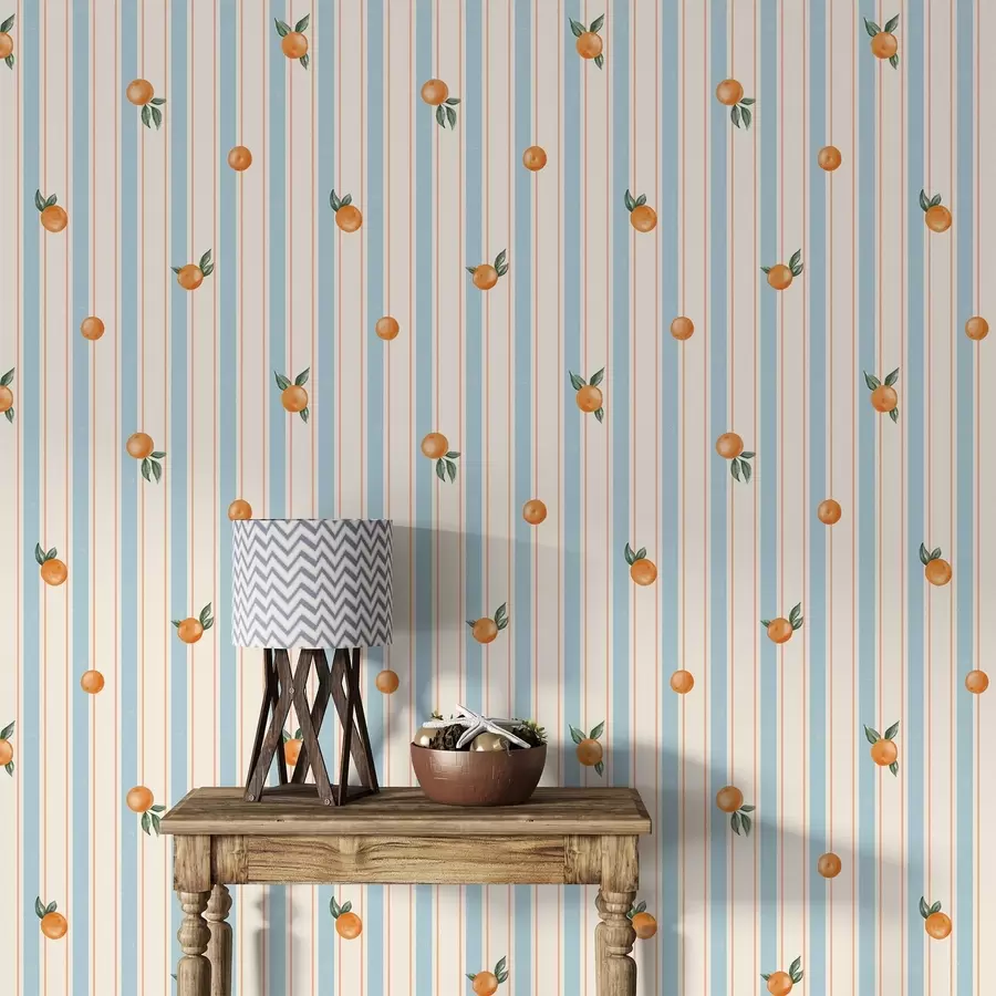 murais de parede Fruta alaranjada sobre listras em azul claro e creme a01263v1