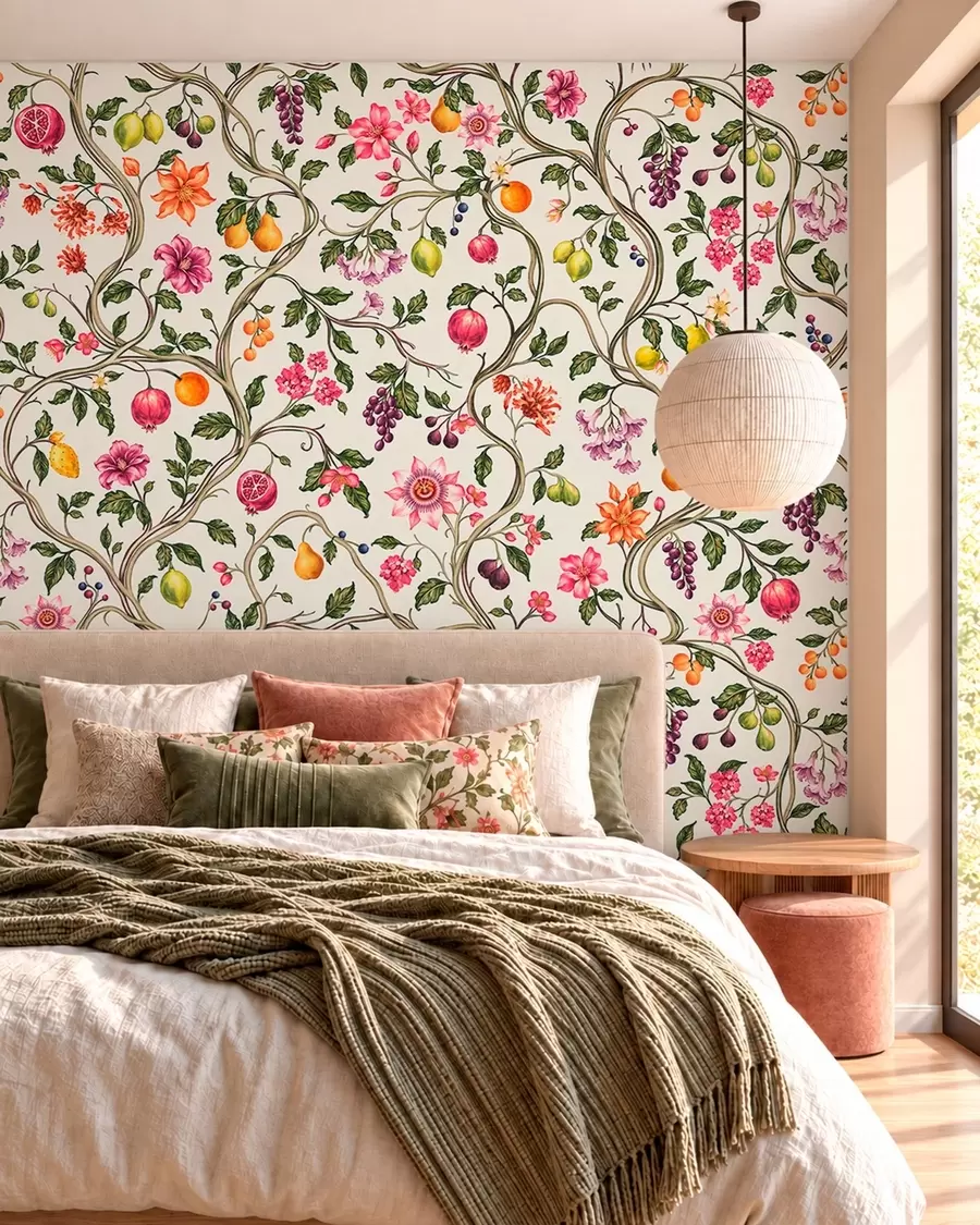 murais de parede Galhos entrelaçados com flores, frutos e folhas verdes w05862