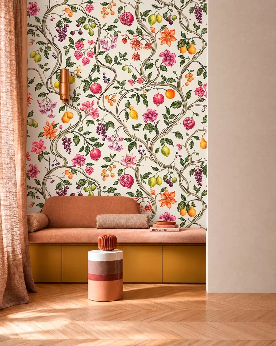 murais de parede Galhos entrelaçados com flores, frutos e folhas verdes w05862
