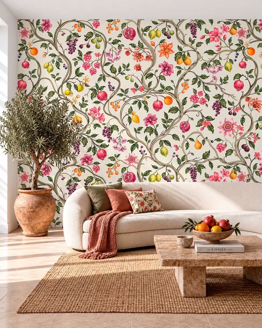 murais de parede Galhos entrelaçados com flores, frutos e folhas verdes w05862