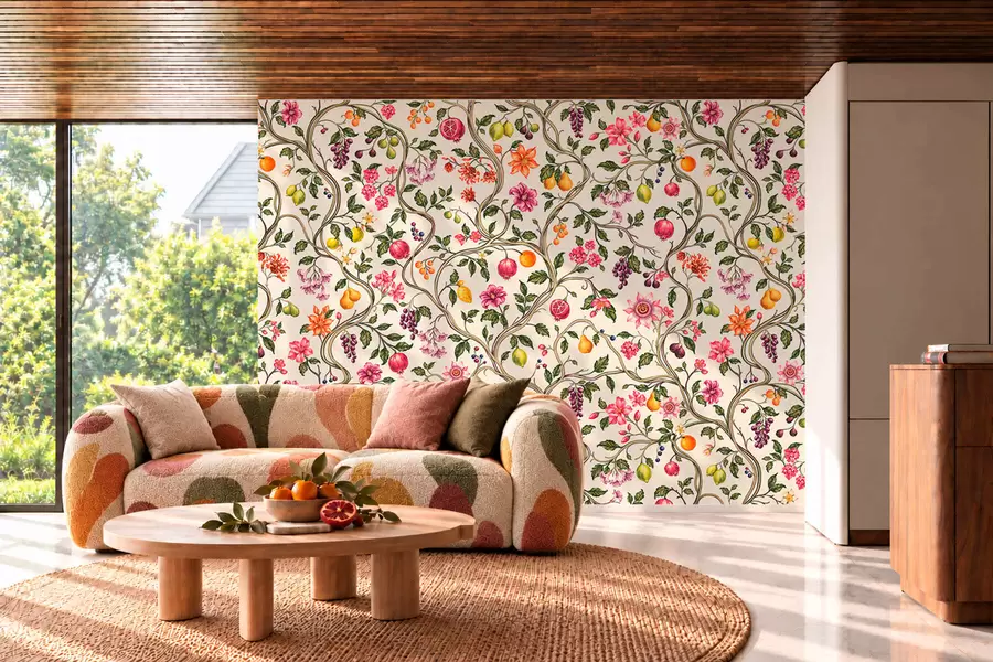 murais de parede Galhos entrelaçados com flores, frutos e folhas verdes w05862