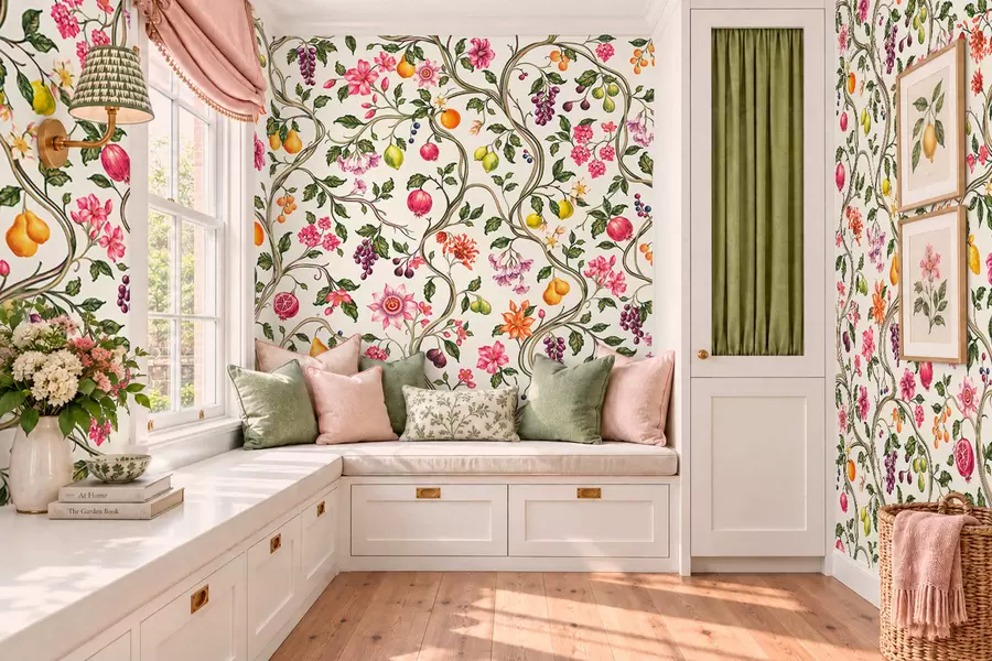 murais de parede Galhos entrelaçados com flores, frutos e folhas verdes w05862
