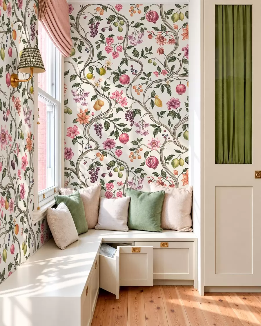 murais de parede Padrão floral e frutal com galhos entrelaçados w05862v1