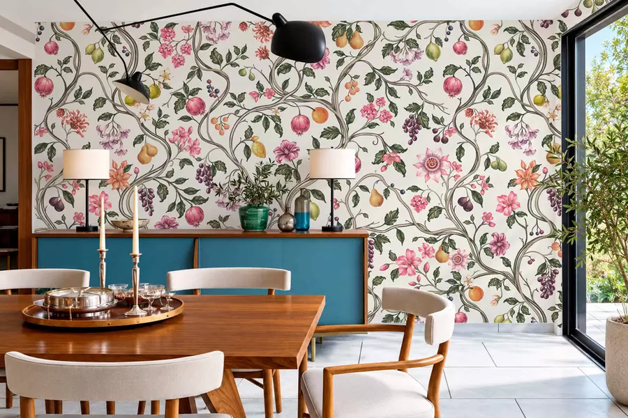 murais de parede Padrão floral e frutal com galhos entrelaçados w05862v1