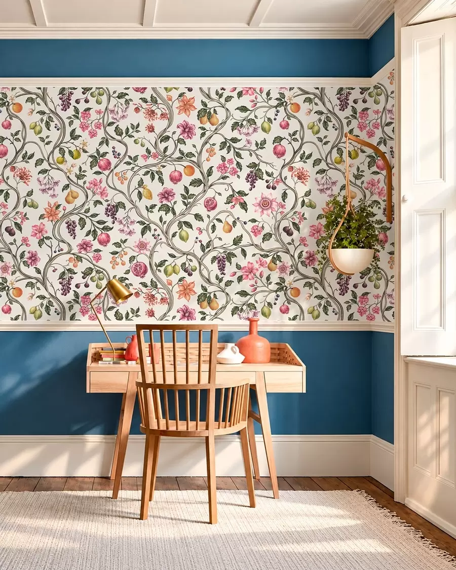 murais de parede Padrão floral e frutal com galhos entrelaçados w05862v1